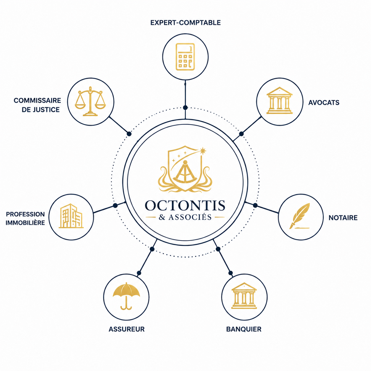 Diagramme des partenariats professionnels d'Octontis & Associés : expert-comptable, avocats, notaire, banquier, assureur, immobilier, commissaire de justice
